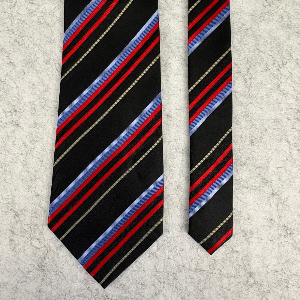 Dona Black Silk Striped Men's Tie Hand Made Diagonal Red Blue Gold NWT 58"